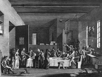 Französische Revolution und antirevolutionäre Bewegung: Innenansicht eines revolutionären Komitees unter Terror 1793-1794. Paris, Bibliothek des Instituts für Revolutionsgeschichte
