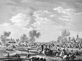 Französische Revolution und Ankunft der konterrevolutionären Kräfte: Sieg der französischen Revolutionäre in Jemmapes am 6. November 1792 über die österreichische Armee in Belgien. Paris, Bibliothek des Instituts für Revolutionsgeschichte