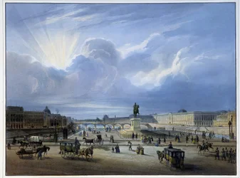 Gesamtansicht des Louvre mit der Statue von Heinrich IV.