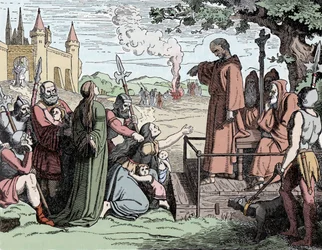 Juden, die im Mittelalter lebendig verbrannt werden (Farblithografie)