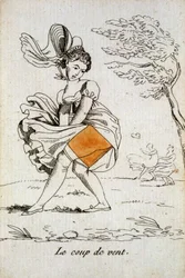 Alte Spielkarte: Ass der Karo - „Der Windstoß“ hebt den Rock einer Frau. Musée de la Carte à Jouer, Issy-les-Moulineaux