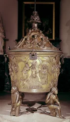 Taufbecken mit einem Reliefpanel der Taufe Christi, getragen von vier knienden Figuren, die die Flüsse des Paradieses darstellen, deutsch, ca. 1225-30 (Bronze)