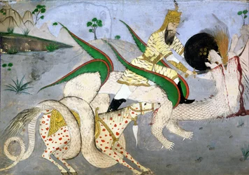 Ein berittener Krieger greift einen Drachen an, Illustration aus einem Buch über indische Mystiker