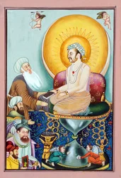 Miniaturmalerei von Abul Fazl, der Akbar Name dem Mogulkaiser Akbar überreicht