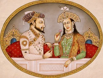 Porträt des Mogulkaisers Shah Jahan mit Königin Mumtaz Mahal, Indien