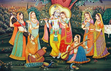 Radha Krishna mit Sakhis genießen Musik