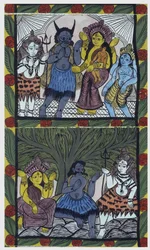 Shiva gibt Ganesha (Ganesh oder Ganapati) das Leben, in den Armen ihrer Mutter Parvati, nachdem er ihr in einem Wutanfall den Kopf abgeschlagen hatte. Pat: bemalte Rolle aus der Region Bengalen, die als Erzählmedium für Baoul-Musiker (oder Baul) dient. Leo