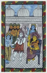 Die Götter kommen, um Krishna zu bewundern, verkörpert im Körper eines schönen Kindes, Ganesha (Ganesh oder Ganapati) sitzt auf den Knien seiner Mutter Parvati. Pat: bemalte Rolle aus der Region Bengalen, dient als Erzählmedium für Sänger Baoul (Baul). Leo