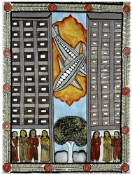Die Geschichte der Anschläge vom 11. September 2001 erzählt von den Baul-Händlern aus Bengalen, eine Illustration der Flugzeuge, die am World Trade Center in New York teilnehmen. Malerei, Serie, Nummer 3/9, Bengalen