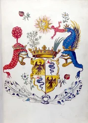 Wappen der Familie Visconti aus Mailand, mit Darstellung eines Drachen, der ein Kind verschlingt. Staatsarchiv von Mailand