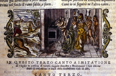Bradamante trifft den Zauberer Melisse, der ihr erzählt, dass sie und Roger die Este-Dynastie gründeten. Szene aus dem Rittergedicht „Orlando Furioso“ (Der rasende Roland) von Ludovico Ariosto (1474 - 1533), Gesang III