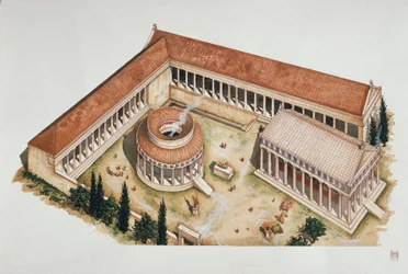 Zeremonielle runde Tholos und Tempel des Asklepios, Epidaurus, 4. Jahrhundert v. Chr.