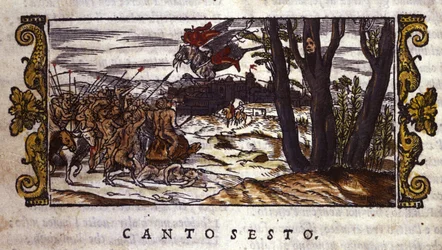 Ruggiero wird vom Hippogreif zur Insel Alcina getragen, wo er von einer Armee von Monstern angegriffen wird, Szene aus „Orlando Furioso“ von Ludovico Ariosto (1474-1533)