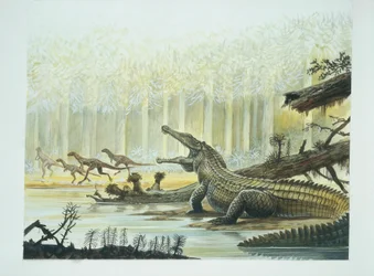 Rutiodon mit Fabrosaurus im Hintergrund, Trias-Periode