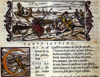 Der Riese Eryphila reitet auf einem Wolf und kämpft gegen Roger (Ruggero, Ruggiero) - Szene aus dem Rittergedicht „Orlando Furioso“ (Der rasende Roland) von Ludovico Ariosto (1474 - 1533), genannt L