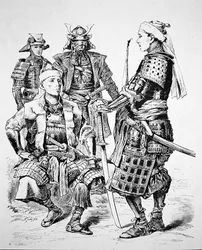 Samurai des alten Japan in traditioneller Kleidung und Rüstung