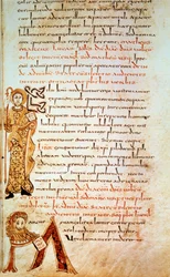Heiliger Matthäus; Buchstabe M (Kopf des Löwen von St. Markus). Seite im Sakramentar von Gellone, Folio 42. Illuminierte von David, ca. 790, Frankreich, Meaux oder Cambrai. BN, Paris