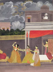 Eine Dame wird nachts aus einem Sturm hereingebracht: Illustration aus dem musikalischen Modus Madhu Madhavi