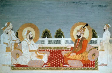 Indische Kunst: „Darstellung von Mohammed Shah (1702-1748) indischer Kaiser und Nadir Shah (1688-1747), Schah von Iran“ Miniatur der Mughole-Schule, Muhammad Shah (1526-1858 n. Chr.) Paris, Musée Guimet, Musée national des Arts Asiatiques