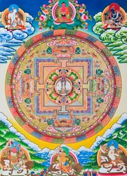 Mandala mit dem tausendarmigen Avalokiteshvara; der heilige, magische Kreis zeigt den elfköpfigen Bodhisattva, der unendliches Mitgefühl symbolisiert