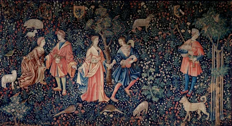 Der Vorhang der Herrschaft. Leben: eine galante Szene. Woll- und Seidenteppich, um 1520 in den Niederlanden gefertigt.