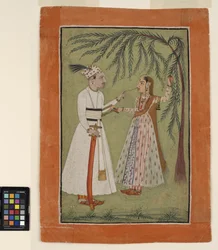 Ein Herrscher zieht an einer Haarsträhne einer Dame, die sich an einem Baum festhält, um 1705