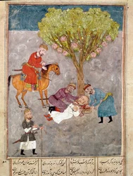 Islamische Kunst: Feinde werden enthauptet. Persische Miniatur aus einer Handschrift des epischen Gedichts „Schāhnāme“ (Schah Nama, Schahnama) (Buch der Könige) von Ferdowsi (Firdausi oder Ferdawsi oder Firdousi, ca. 940-um 1020), Nationalbibliothek Neapel