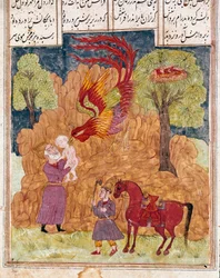 Islamische Kunst: Der sagenhafte Vogel Simurgh, ähnlich einem Phönix, trägt Zal, den Sohn von König Siyam, und setzt ihn im Gebirge aus, weil er kein Albino ist. Persische Miniatur aus einer Handschrift des epischen Gedichts „Schahname“ (Shah Nama