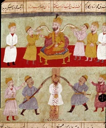 Islamische Kunst: Ein König mit seinen Begleitern, Schlangen, die von den Höflingen gefüttert werden, darunter eine Folterszene eines Feindes