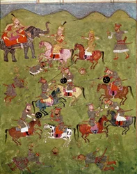 Islamische Kunst: Kampfszene. Persische Miniatur aus einer Handschrift des Epos „Schahname“ (Schah Nama, Schahname) (Buch der Könige) von Firdausi (Firdawsi, Ferdawsi oder Firdousi, ca. 940-um 1020). Biblioteca Nazionale, Neapel