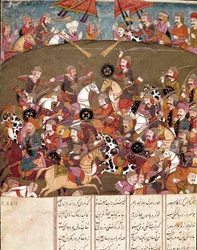Islamische Kunst: Kampfszene. Persische Miniatur aus einem Manuskript des Epos „Schahnameh“ (Buch der Könige) von Ferdowsi