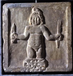 Darstellung von Mitra (oder Mithras), einer iranischen Gottheit, die aus einem Felsen geboren wurde. Flachrelief. Er ist bei einem gemeinsamen Mahl mit Sol dargestellt. Konservatorenpalast, Rom.
