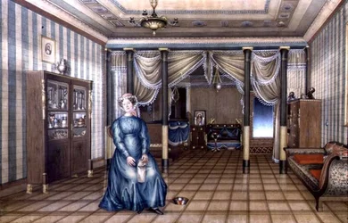 Eine Jungfer in einem neoklassizistischen Wohnzimmer, ca. 1835
