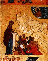 Ikone, die die wundersame Erscheinung der Jungfrau an Prinz Andrei Bogoliubski im Jahr 1155 darstellt (Detail)