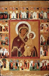 Die Tichvin-Madonna mit den Wundern. Russische Ikone, Anfang des 17. Jahrhunderts. Russische Kunst. Staatliches Kunstmuseum der Tschuwaschischen Republik, Tscheboksary