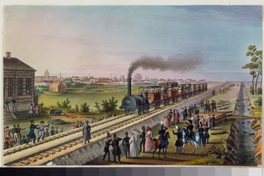 Die Ankunft des ersten Zuges von Sankt Petersburg nach Zarskoje Selo am 30. Oktober 1837