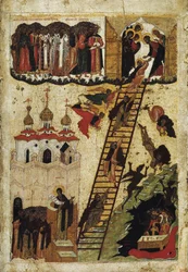 „Die Himmelsleiter des heiligen Johannes Klimakos“ (Heilige Leiter des heiligen Johannes vom Sinai). Sie zeigt Mönche, die die Spitze der Leiter erreichen, und jene, die in die Hölle stürzen - russische Ikone vom Beginn des 16. Jahrhunderts. Staatliches