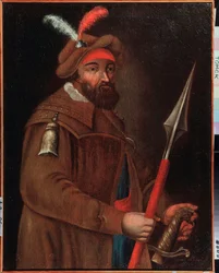 Porträt des Kosakenanführers Jermak Timofejewitsch (geboren zwischen 1532 und 1542-1585), Eroberer Sibiriens. Anonymes Gemälde, Anfang des 18. Jahrhunderts. Staatliches Kunstmuseum, Tomsk (Russland).