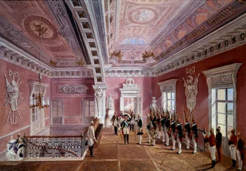 Wache im oberen Vestibül des Schlosses Pavlosk in Anwesenheit von Paul I. der seinen Hut hebt. Gemälde von Schwartz (19. Jahrhundert)