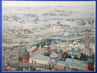 Blick auf das Dreifaltigkeitskloster von Sergius in Sergiyev Posad mit der Osterprozession aus Moskau