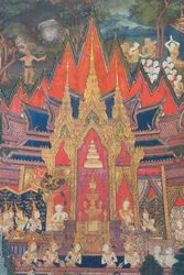 Wandmalereien in der Buddhaisawan-Kapelle, die Indra darstellen, der kurz nach der Einäscherung Buddhas aus den Himmeln herabsteigt und das wertvollste Relikt, einen Zahn, aus dem Haarknoten des Brahmanen stiehlt