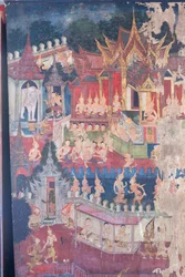 Wandmalereien in der Buddhaisawan-Kapelle, die Buddha in königlicher Kleidung zeigen, um den stolzen, aber verblendeten Kaiser Jambupati zu demütigen und zu überzeugen, dass der Weg zur Erleuchtung dem bloßen materiellen Reichtum vorzuziehen ist, Palast vo