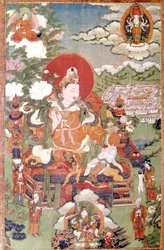 König von Tibet Sung-Tsen-Gampo aus dem 7. Jahrhundert. Tibetische Thangka, Musée Guimet, Paris