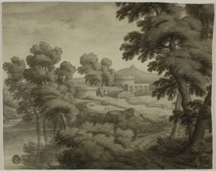 Italienische Landschaft mit Schloss, Bäumen und Wasser im Vordergrund