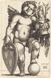 Weibliches Genie, das ein Wappen hält