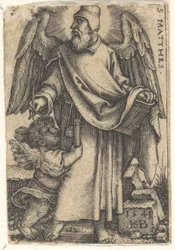 Tafel 1: Heiliger Matthäus mit nach links gedrehtem Kopf, ein Cherub unten links, 1541