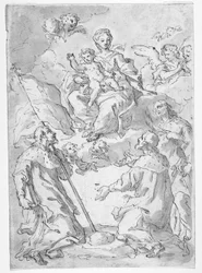 Drei männliche Heilige mit Madonna mit Kind in den Wolken, umgeben von Engeln