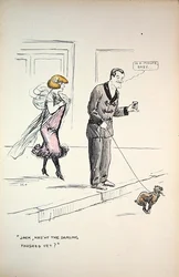 Paar wartet darauf, dass ein Hund sein Geschäft beendet, ca. 1921
