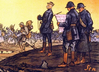 General Ferdinand Foch (1851 - 1929) beobachtet, wie seine Truppen über das Schlachtfeld marschieren. Detail eines Plakats für die nationale Anleihe „Seit einer letzten Viertelstunde... helft mir! Zeichnungen für die nationale Anleihe werden von Sem