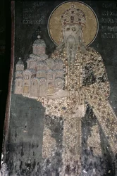 König Stefan Uroš II. Milutin (r.1282-1321) mit einem Modell der Kirche, 1311-21